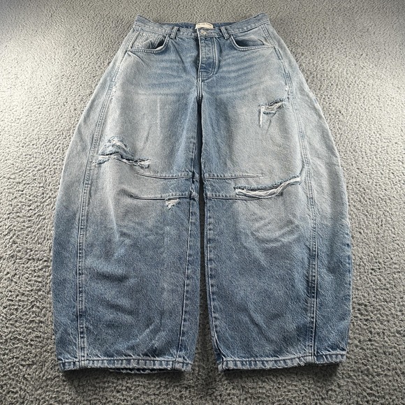 We The Free Denim - We The Free Jeans Barrel Leg Womens 28 High Rise Distressed Light Wash Denim